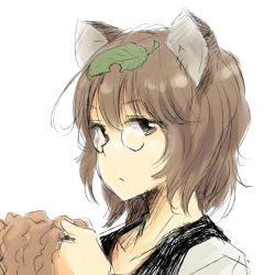 Rule 34 | 1girl, animal ears, brown eyes, brown hair, futatsuiwa mamizou, glasses, leaf, leaf on head, looking at viewer, object on head, short hair, simple background, solo, touhou, white background, wild and horned hermit, yudepii