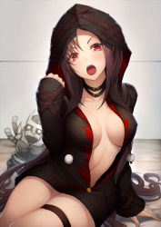 Rule 34 | 1girl, black jacket, blush, breasts, brown hair, center opening, choker, collarbone, ear piercing, earrings, fangs, fate/grand order, fate (series), hood, hooded jacket, jacket, jewelry, kyoeiki, long hair, long sleeves, looking at viewer, medium breasts, navel, no bra, open mouth, piercing, red eyes, sitting, solo, stuffed toy, thigh strap, thighs, very long hair, xiang yu (fate), yu mei-ren (fate)