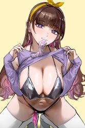 Rule 34 | 1girl, amanogawa kirara, bikini, black bikini, blunt bangs, blush, breasts, brown hair, cleanendme, cleavage, clothes lift, condom, condom packet strip, condom wrapper, covered erect nipples, go! princess precure, grin, hairband, highres, lifting own clothes, long hair, looking at viewer, mole, mole on breast, nail polish, precure, purple eyes, simple background, smile, solo, swimsuit, thighhighs, used condom, white thighhighs, yellow background, yellow nails