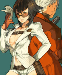 Rule 34 | 00s, 1boy, 1girl, back-to-back, bad id, bad pixiv id, belt, breasts, brown-tinted eyewear, brown hair, capcom, cleavage, cleavage cutout, clothing cutout, dante (devil may cry), devil may cry (series), glasses, gloves, gun, jewelry, lady (devil may cry), large breasts, money, necklace, nessie, nessie (kska), short hair, sunglasses, sweatdrop, tinted eyewear, weapon, white hair