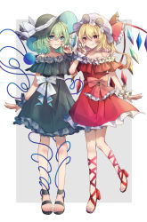 Rule 34 | 2girls, absurdres, adapted costume, aqua eyes, bare shoulders, blonde hair, border, bow, claw pose, closed mouth, collarbone, commentary request, crystal, dress, flandre scarlet, frilled bow, frills, full body, green dress, green hair, grey background, hair between eyes, hand up, hat, hat bow, heart, heart of string, highres, komeiji koishi, looking at viewer, medium hair, mob cap, multiple girls, nail polish, off-shoulder dress, off shoulder, one side up, outside border, petticoat, re re merry, red bow, red dress, red eyes, red nails, smile, standing, standing on one leg, third eye, toenail polish, toenails, touhou, white border, white bow, white headwear, wings, wrist cuffs