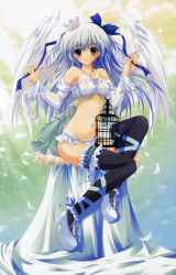 Rule 34 | 1girl, absurdres, angel, angel wings, ankle lace-up, bare shoulders, birdcage, blue hair, blush, bow, cage, character request, copyright request, cross, cross-laced footwear, crown, feathers, frilled thighhighs, frills, hair ribbon, highres, izumi tsubasu, jewelry, long legs, midriff, multicolored eyes, navel, necklace, open mouth, ribbon, solo, source request, thighhighs, wings, yellow eyes