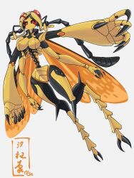Rule 34 | 1girl, 7shiomaneki53, antennae, arthropod girl, black sclera, black skin, breasts, carapace, claws, colored sclera, colored skin, commission, expressionless, extra arms, full body, grey background, highres, insect wings, medium breasts, multicolored skin, narrow waist, original, oversized forearms, oversized limbs, red eyes, skeb commission, solo, two-tone skin, wasp girl, wings, yellow skin