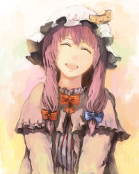 Rule 34 | 1girl, ^ ^, bad id, bad pixiv id, bow, closed eyes, crescent, crescent hat ornament, female focus, hat, hat ornament, open mouth, patchouli knowledge, ribbon, shoutarou (tibi2), smile, solo, touhou, upper body