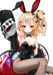Rule 34 | 1girl, alternate costume, animal ears, arm up, bare shoulders, black bow, black bowtie, black hairband, black jacket, blonde hair, blush, bow, bowtie, breasts, brown pantyhose, collarbone, crystal, detached collar, dress, fake animal ears, flandre scarlet, gotou (nekocat), hair between eyes, hair bow, hair ornament, hairband, hand up, highres, jacket, jewelry, leotard, long hair, long sleeves, looking at viewer, medium breasts, one side up, open clothes, open jacket, pantyhose, playboy bunny, rabbit ears, rabbit hair ornament, red eyes, simple background, sitting, sleeveless, sleeveless dress, smile, solo, tongue, tongue out, touhou, white background, wide sleeves, wings, x hair ornament