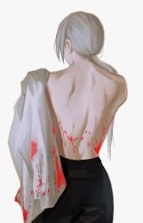 Rule 34 | 1girl, back, black pants, blood, blood on back, blood on clothes, chainsaw man, highres, long hair, looking to the side, pants, ponytail, quanxi (chainsaw man), shirt, unworn shirt, simple background, solo, sudstance, topless, white background, white hair, white shirt