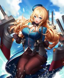 Rule 34 | 10s, 1girl, aqua eyes, atago (kancolle), blonde hair, blush, breasts, citemer, cleavage, female focus, gloves, green eyes, hat, high heels, kantai collection, large breasts, liuruoyu8888, long hair, looking at viewer, military, military uniform, open mouth, pantyhose, smile, solo, thighband pantyhose, uniform