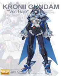 Rule 34 | absurdres, arms at sides, blue eyes, box art, commentary, cover, english commentary, fake box art, full body, gundam, gunpla, haje, highres, hololive, hololive english, joints, mecha, mechanization, model kit, no humans, ouro kronii, robot, robot joints, science fiction, solo, standing, v-fin, virtual youtuber, wide sleeves, zoom layer