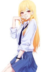 Rule 34 | 1girl, bad id, bad twitter id, blonde hair, blue skirt, ear piercing, gnns, grin, hand to own mouth, highres, kitagawa marin, long hair, looking at viewer, loose necktie, nail polish, necktie, open collar, piercing, pleated skirt, red eyes, school uniform, simple background, skirt, sleeves rolled up, smile, solo, sono bisque doll wa koi wo suru, straight hair, very long hair, white background