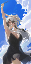 Rule 34 | 1girl, ^ ^, absurdres, armpits, arms up, black dress, black hair, blue sky, breasts, cleavage, closed eyes, cloud, day, dress, unworn eyewear, glasses, grin, highres, holding, holding removed eyewear, large breasts, mole, mole on cheek, mole under eye, mole under mouth, original, sky, sleeveless, sleeveless dress, smile, so shio, solo, white hair