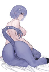 Rule 34 | 1girl, animal ears, anus, ass, ass focus, bar censor, bed sheet, blush, bow, breasts, censored, centaur, grey eyes, grey hair, hair bow, highres, hooves, horse ears, horse pussy, horse tail, large breasts, looking at viewer, monster girl, monster girl encyclopedia, multiple legs, nightmare (monster girl encyclopedia), nipples, nude, short hair, sidelocks, simple background, sitting, solo, tail, tail raised, taur, white background, white bow, zakirsiz
