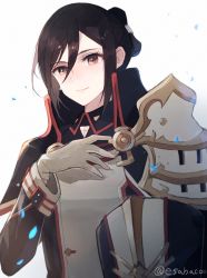 Rule 34 | 1girl, bad id, bad twitter id, black hair, black jacket, brown eyes, closed mouth, commentary request, folded ponytail, gloves, grey gloves, hair between eyes, hand up, highres, jacket, leaf (esabacoo), long sleeves, looking at viewer, morag ladair (xenoblade), simple background, smile, solo, twitter username, white background, xenoblade chronicles (series), xenoblade chronicles 2