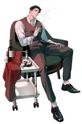 Rule 34 | 1boy, absurdres, black footwear, black hair, bottle, cigarette, closed mouth, collared shirt, formal, from side, full body, green eyes, grey pants, grey vest, hand on own thigh, head tilt, highres, holding, holding cigarette, leaning back, looking at viewer, male focus, on chair, or0loi, original, pants, shirt, short hair, simple background, sitting, sleeves rolled up, smoke, smoking, solo, spread legs, suit, tray, vest, watch, white shirt, wine bottle, wristwatch