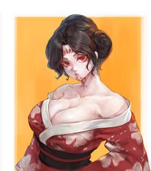 Rule 34 | 1girl, black sash, border, breasts, brown hair, cleavage, closed mouth, commentary, commission, english commentary, floral print, forehead tattoo, highres, japanese clothes, kimono, large breasts, lip piercing, long sleeves, looking at viewer, medium hair, neck tattoo, obi, obijime, original, outside border, parted bangs, piercing, print kimono, red eyes, red kimono, sash, solo, tattoo, tezy8art, upper body, white border, wide sleeves, yellow background