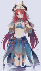 Rule 34 | 1girl, blue eyes, breasts, crop top, detached sleeves, genshin impact, grey background, harem outfit, highres, horns, long hair, looking at viewer, midriff, nilou (genshin impact), parted lips, red hair, sarcophage, simple background, small breasts, solo, standing, steepled fingers, stomach, tassel, veil, very long hair, wading, water