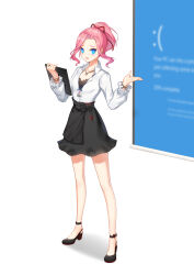 Rule 34 | 1girl, anklet, bare legs, black footwear, black skirt, black undershirt, blue eyes, blue screen of death, bow, bracelet, breasts, business casual, clipboard, closers, collared shirt, dress shirt, frilled sleeves, frills, full body, furrowed brow, hair ribbon, hands up, high heels, highres, holding, holding clipboard, id card, jewelry, lanyard, long sleeves, lower teeth only, medium hair, miniskirt, office lady, official art, open hand, open mouth, partially unbuttoned, pendant, pink hair, ponytail, projector screen, red ribbon, ribbon, seulbi lee, shadow, shirt, shirt tucked in, shirt under shirt, skirt, sleeve bow, small breasts, solo, standing, teeth, white background, white bow, white shirt