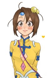 Rule 34 | 1girl, blush, breasts, brown eyes, brown hair, closed mouth, hair bobbles, hair ornament, highres, looking at viewer, norma beatty, short hair, simple background, skirt, small breasts, smile, solo, tales of (series), tales of legendia, very short hair, white background, yellow skirt