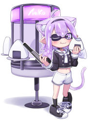 Rule 34 | 1girl, ahoge, animal ear fluff, animal ears, black socks, cat ears, cat girl, cat tail, chewing, closed mouth, collar, cropped shirt, deadnooodles, eating, food, gun, highres, holding, holding gun, holding weapon, hololive, inkling, inkling player character, long hair, long sleeves, looking at viewer, navel, neckerchief, nekomata okayu, nekomata okayu (casual), nintendo, one eye closed, onigiri, pointy ears, purple eyes, purple hair, sailor collar, shirt, shoes, socks, solo, splatoon (series), standing, tail, tentacle hair, virtual youtuber, weapon, white neckerchief, white shirt