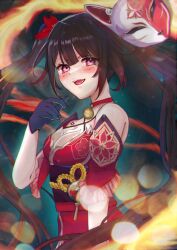 Rule 34 | 1girl, :d, bare shoulders, bell, black gloves, blurry, blush, bokeh, bow, breasts, brown hair, choker, cleavage, cowboy shot, depth of field, detached sleeves, dress, floating hair, fox mask, from side, gloves, gradient hair, hair bow, hand up, highres, honkai: star rail, honkai (series), is (aisu), large breasts, long hair, looking at viewer, mask, multicolored hair, neck bell, obi, open mouth, pink eyes, red choker, red dress, red hair, red sleeves, sash, short sleeves, sidelocks, sleeveless, sleeveless dress, smile, solo, sparkle (honkai: star rail), teeth, twintails, upper teeth only