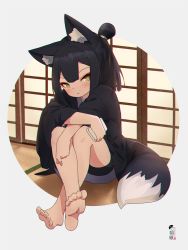 Rule 34 | 1girl, animal ear fluff, animal ears, barefoot, black hair, blush, cellphone, chromatic aberration, closed mouth, commentary request, fox ears, fox girl, fox tail, full body, green eyes, hair bun, highres, holding, holding phone, japanese clothes, kimono, knees up, kuro kosyou, long sleeves, looking at viewer, open clothes, original, phone, purple kimono, single hair bun, soles, solo, tail, wide sleeves, yui (kuro kosyou)