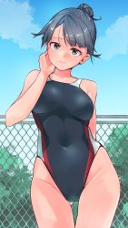 Rule 34 | 1girl, black hair, black one-piece swimsuit, breasts, bush, chain-link fence, competition swimsuit, contrapposto, covered navel, cowboy shot, fence, gluteal fold, green eyes, grey hair, hair bun, highleg, highleg swimsuit, ninchan, one-piece swimsuit, original, single hair bun, sky, solo, standing, swimsuit