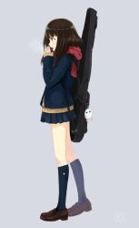 Rule 34 | 1girl, artist name, ashiya hiro, blue socks, breath, brown eyes, brown hair, commentary request, egyptian mythology, enpera, fate (series), from side, full body, grey background, highres, instrument case, jacket, charm (object), kneehighs, loafers, long hair, long sleeves, medjed (fate), open mouth, original, pleated skirt, pocket, profile, red scarf, scarf, school uniform, shoes, signature, simple background, skirt, socks, solo, steam