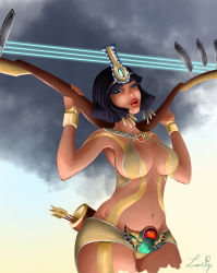 Rule 34 | 1girl, armpits, arrow (projectile), bare shoulders, black hair, blue eyes, bow, bracelet, bras, breasts, cleavage, curvy, dark-skinned female, dark skin, egypt, egyptian, egyptian clothes, eyebrows, eyeliner, female focus, game, gold, jewelry, large breasts, lips, lipstick, looking at viewer, makeup, moba, navel, neith, neith (smite), open mouth, pants, red lips, simple background, smite, solo, solo focus, standing, tattoo, toned