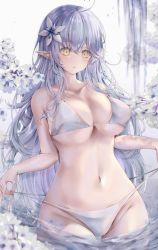Rule 34 | ahoge, bikini, blue hair, blush, breasts, commentary request, crossed bangs, flower, hair flower, hair ornament, highres, hololive, kasakai hikaru, large breasts, looking at viewer, navel, parted lips, partially submerged, pointy ears, side-tie bikini bottom, standing, stomach, swimsuit, underboob, virtual youtuber, wet, white background, white bikini, white flower, yellow eyes, yukihana lamy