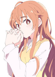 Rule 34 | 1girl, blush, brown eyes, copyright request, ixy, long sleeves, looking at viewer, orange hair, own hands together, simple background, solo, upper body, white background