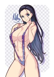 Rule 34 | 1girl, artist name, border, breasts, checkered background, female focus, grey background, head tilt, highres, large breasts, lips, long hair, mifenami, nico robin, nose, one piece, outside border, smile, solo, two-tone background, white border