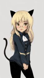 Rule 34 | 1girl, :o, animal ears, bad id, bad pixiv id, blonde hair, cat ears, cat tail, clothes pull, glasses, long hair, military, military uniform, oimu (ununsan), pantyhose, perrine h. clostermann, shirt pull, shirt tug, solo, strike witches, tail, uniform, world witches series, yellow eyes