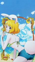 Rule 34 | 1girl, :3, absurdres, animal ears, ass, ass focus, beach, bikini, bikini top only, blonde hair, breasts, carrot (one piece), curvy, furry, furry female, highres, large breasts, looking at viewer, looking back, ocean, official art, one piece, rabbit ears, rabbit girl, scan, short hair, short shorts, shorts, solo, swimsuit, upper body, water