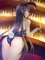 Rule 34 | 1girl, animal ears, ass, bar (place), bare shoulders, bottle, rabbit ears, rabbit tail, cowboy shot, cup, date a live, detached collar, drinking glass, fake animal ears, feng mouren, from behind, highres, holding, holding cup, holding drinking glass, indoors, leaning forward, long hair, looking at viewer, looking back, playboy bunny, purple eyes, purple hair, solo, tail, thighs, very long hair, wine bottle, wine glass, wrist cuffs, yatogami tooka