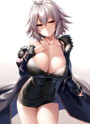 Rule 34 | 1girl, ahoge, black dress, blue coat, blush, breasts, cleavage, coat, collarbone, cowboy shot, dress, fate/grand order, fate (series), fur-trimmed coat, fur-trimmed sleeves, fur trim, gradient background, hand on own chest, huge breasts, jeanne d&#039;arc (fate), jeanne d&#039;arc alter (fate), jeanne d&#039;arc alter (ver. shinjuku 1999) (fate), jewelry, long sleeves, necklace, nose blush, official alternate costume, open clothes, open coat, short dress, short hair, shunichi, silver hair, solo, wicked dragon witch ver. shinjuku 1999, yellow eyes