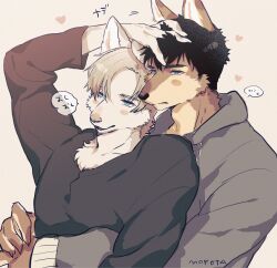 Rule 34 | ..., 2boys, animal ears, arm up, artist name, black hair, blue eyes, body fur, brown background, brown fur, claws, closed mouth, dog boy, dog ears, furry, furry male, green eyes, grey hoodie, hand in another&#039;s hair, heart, highres, hood, hood down, hoodie, hug, hug from behind, light brown hair, long sleeves, looking to the side, male focus, mokotalow11, multiple boys, open mouth, original, short hair, simple background, speech bubble, spoken ellipsis, upper body, yaoi