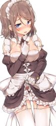 Rule 34 | 10s, 1girl, apron, black ribbon, blue eyes, blush, breasts, brown hair, cameltoe, clothes lift, commentary request, detached sleeves, dress, dress lift, embarrassed, frilled apron, frills, garter straps, gloves, hand on own chest, highres, lifted by self, looking at viewer, love live!, love live! sunshine!!, maid, maid headdress, medium breasts, neck ribbon, panties, parted lips, popii (yuuta679), ribbon, short hair, simple background, solo, thighhighs, underwear, waist apron, watanabe you, white background, white gloves, white panties, white thighhighs