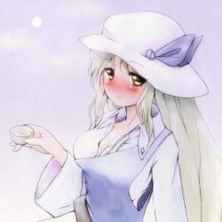 Rule 34 | 1girl, blush, breasts, cleavage, female focus, gradient background, hat, hat ribbon, holding, long hair, looking at viewer, ribbon, silver hair, smile, solo, touhou, uboaa (uhhohho), watatsuki no toyohime, yellow eyes