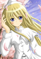Rule 34 | 1girl, ahoge, alternate costume, bad anatomy, bad hands, blonde hair, blue eyes, blush, capelet, cherry blossoms, dress, exe (artist), hat, lily white, long hair, petals, poorly drawn, solo, touhou, white dress, xe (execut3r)