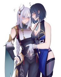 Rule 34 | !?, 2girls, absurdres, bare shoulders, black bodysuit, blue eyes, blue hair, blush, bob cut, bodysuit, braid, breast curtain, breasts, bridal gauntlets, cleavage, closed eyes, closed mouth, clothing cutout, covered navel, diagonal bangs, dice, elbow gloves, fingerless gloves, genshin impact, gloves, hair ornament, hand on another&#039;s stomach, heart, highres, hip vent, jewelry, large breasts, leo (ghouleo), long hair, low-braided long hair, low-tied long hair, mole, mole on breast, multiple girls, nail polish, neck tassel, partially fingerless gloves, shenhe (genshin impact), short hair, shoulder cutout, sidelocks, simple background, standing, tassel, tassel choker, teeth, thighhighs, waist cutout, white background, yelan (genshin impact), yuri