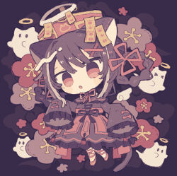 Rule 34 | 1girl, :o, animal ears, black dress, cat ears, cat girl, cat tail, commentary, dress, empty eyes, full body, ghost, hair rings, halo, hat, highres, jiangshi, kanato345, long hair, looking at viewer, original, outstretched arms, purple background, qingdai guanmao, red eyes, red footwear, simple background, sleeves past fingers, sleeves past wrists, solo, tail, talisman, wings, zombie pose