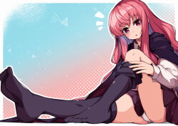 Rule 34 | 1girl, :o, black cloak, black skirt, black thighhighs, blue background, blush, cloak, collared shirt, commentary request, crossed bangs, eyelashes, feet, framed, gradient background, hair between eyes, hand on own leg, highres, knee up, legs, long hair, long sleeves, looking at viewer, louise francoise le blanc de la valliere, marutenmaruten, miniskirt, no shoes, notice lines, open mouth, panties, panty peek, pink background, pink hair, pleated skirt, polka dot, polka dot background, purple eyes, school uniform, shirt, sidelocks, simple background, sitting, skirt, soles, solo, surprised, thighhighs, thighs, toes, underwear, undressing, very long hair, wavy hair, white panties, white shirt, zero no tsukaima, zettai ryouiki