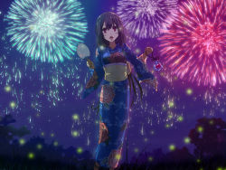 Rule 34 | 10s, 1girl, blush, breasts, fireworks, fish, gradient background, hand fan, highres, itsuwa itsuwa, japanese clothes, kimono, long hair, night, open mouth, pink eyes, purple hair, sandals, tokyo ravens, tsuchimikado natsume