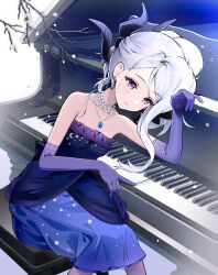 Rule 34 | 1girl, absurdres, black horns, blue archive, blush, breasts, cleavage, closed mouth, dangle earrings, demon horns, dress, earrings, elbow gloves, feet out of frame, gloves, grand piano, highres, hina (blue archive), hina (dress) (blue archive), horns, instrument, jewelry, long hair, multiple horns, necklace, official alternate costume, official alternate hairstyle, pendant, piano, piano keys, purple dress, purple eyes, purple gloves, sitting, small breasts, solo, tate yukimi, white hair