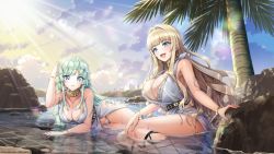 Rule 34 | 2girls, :d, bikini, blonde hair, blue eyes, breasts, cleavage, dolphin wave, frown, green hair, hair intakes, highres, kirahoshi kanna, large breasts, long hair, looking at viewer, lying, multiple girls, official art, on stomach, open mouth, palm tree, partially submerged, selena lewis, sitting, smile, swimsuit, tree, wavy hair, white bikini