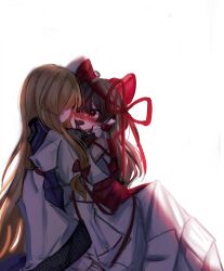 Rule 34 | 2girls, absurdres, blonde hair, blush, bow, brown hair, chocolate, commentary request, detached sleeves, food in mouth, frilled hair tubes, frills, hair bow, hair tubes, hakurei reimu, hand on another&#039;s cheek, hand on another&#039;s face, highres, korean commentary, long hair, multiple girls, no headwear, purple tabard, red bow, red ribbon, ribbon, ribbon-trimmed sleeves, ribbon trim, simple background, sweat, tabard, tohou89, touhou, very long hair, white background, yakumo yukari, yuri