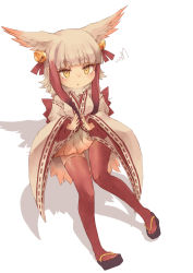 Rule 34 | 1girl, :&lt;, alternate costume, bell, blush, breasts, closed mouth, full body, hair bell, hair ornament, head wings, highres, japanese clothes, japanese crested ibis (kemono friends), kemono friends, kolshica, looking at viewer, miko, multicolored hair, red hair, red thighhighs, short hair, short hair with long locks, small breasts, solo, thighhighs, two-tone hair, white hair, wings, yellow eyes
