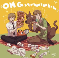 Rule 34 | + +, 2boys, :d, artist name, belt, black necktie, black pants, brown eyes, brown hair, brown pants, chainsaw man, crossover, denji (chainsaw man), dog, dress, food, full body, green dress, green shirt, highres, indian style, male focus, multiple boys, mustard bottle, natsuki nori, necktie, open mouth, pants, picnic, plate, pochita (chainsaw man), sandwich, scooby-doo, scooby-doo (character), shaggy rogers, sharp teeth, shirt, shoes, short hair, short sleeves, sitting, sleeves rolled up, smile, sneakers, spoon, teeth, two-tone background, white footwear, white shirt, yellow background