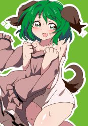Rule 34 | 1girl, animal ears, blush, brown dress, bwell, commentary request, dog ears, dog girl, dog tail, dress, unworn dress, feet out of frame, green eyes, green hair, highres, holding, holding clothes, holding dress, kasodani kyouko, looking at viewer, open mouth, outline, shiny skin, short hair, simple background, smile, solo, tail, touhou, towel, white outline