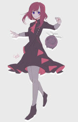 Rule 34 | 1girl, black dress, black footwear, boots, charade maniacs, closed mouth, dress, full body, grey background, grey leggings, leggings, long sleeves, megochi, multicolored clothes, multicolored dress, purple eyes, red dress, red hair, sena hiyori, smile, solo