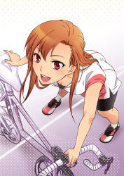 Rule 34 | 1girl, bad id, bad pixiv id, bicycle, bike shorts, black shorts, breasts, cleavage, from above, hair between eyes, happy, leaning forward, light brown hair, long hair, looking at viewer, looking up, open mouth, original, polka dot, polka dot background, red eyes, road, road bicycle, shadow, shirt, shoes, shorts, small breasts, sneakers, socks, solo, sportswear, standing, syusyuya, white shirt, zipper
